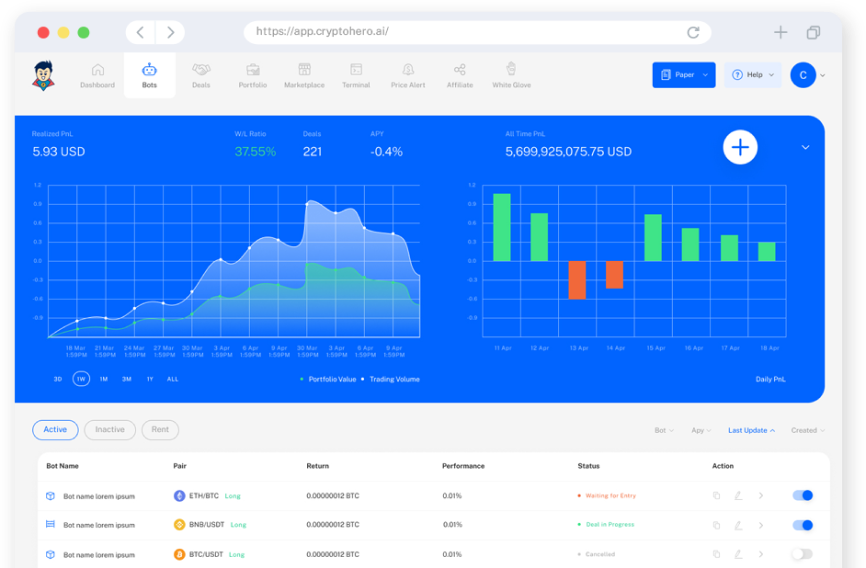 Screenshot showing list of trading bots trading different cryptos