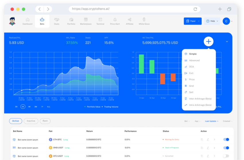 CryptoHero is a powerful crypto trading bot software that monitors real time data and executes trades automatically